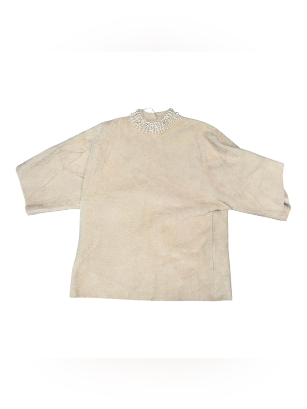 High Quality Alfani Cream Beaded Crewneck Short-Sleeve Sweater